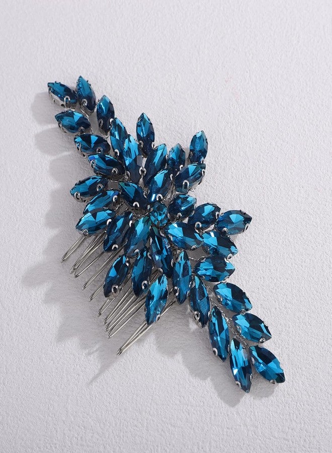 Xerling Colored Floral Rhinestone Bridal Hair Side Comb Women Brides Wedding Handmade Hair Accessories Jewelry Headpiece (Peacock Blue) - Image 3